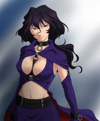  breasts cape choker cleavage elbow_gloves female gloves k-ma large_breasts long_hair lowres purple_eyes purple_hair sakura_taisen sakura_taisen_ii solo suiko_(sakura_taisen) 