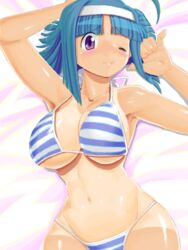  ;) ahoge arms_up bikini blue_hair blush breasts commentary_request curvy female hairband kaitou_tenshi_twin_angel kannazuki_aoi large_breasts looking_at_viewer lying on_back one-piece_tan one_eye_closed purple_eyes shiny_skin short_hair smile solo striped_bikini striped_clothes swimsuit tan tanlines twin_angel wide_hips zouzou 