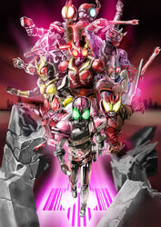  6+boys armor battle bodysuit commentary_request full_body glowing glowing_eyes goggles helmet kamen_rider kamen_rider_555 kamen_rider_agito kamen_rider_blade kamen_rider_dcd kamen_rider_decade kamen_rider_den-o kamen_rider_den-o_(series) kamen_rider_faiz kamen_rider_hibiki kamen_rider_hibiki_(series) kamen_rider_kabuto kamen_rider_kiva kamen_rider_kiva_(series) kamen_rider_kuuga kamen_rider_ryuki_(series) light machinery matchin multiple_boys photoshop_(medium) pose revision rock ruins standing 