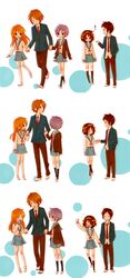  ! 2boys 3girls asahina_mikuru bad_id bad_pixiv_id blue_hair blush brown_hair chibi holding_hands koizumi_itsuki kyon long_hair moffunnyo multiple_boys multiple_girls nagato_yuki ribbon suzumiya_haruhi suzumiya_haruhi_no_yuuutsu 