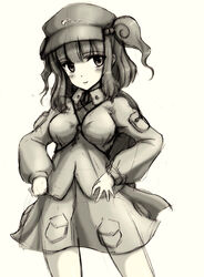  commentary_request female hat highres kawashiro_nitori monochrome photoshop_(medium) solo touhou two_side_up wakame 