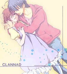  1boy antenna_hair bad_id bad_pixiv_id blue_hair brown_eyes brown_hair clannad closed_eyes dress female furukawa_nagisa hood hoodie husband_and_wife okazaki_tomoya one_eye_closed short_hair yuzuki_kisa 