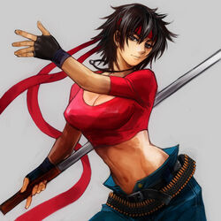  belt black_eyes black_hair breasts bullet cleavage commentary_request crop_top cropped_shirt denim female fingerless_gloves fuu&#039;un gloves grey_background headband jeans jewelry kizuna_encounter large_breasts midriff moreshan navel necklace pants red_shirt ribbon rosa_(fuu&#039;un) shirt short_hair simple_background smile snk solo sword weapon 