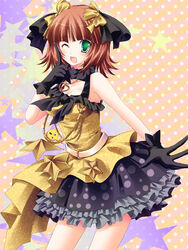  amami_haruka bad_id bad_pixiv_id brown_hair female gloves green_eyes hair_ribbon hinata_momo idolmaster idolmaster_(classic) jewelry kulche live_for_venus_(idolmaster) locoroco one_eye_closed pendant ribbon solo star_(symbol) 