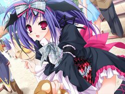  bat_wings dress female game_cg gothic_lolita head_wings kawai_ameri lolita_fashion moekibara_fumitake open_mouth purple_hair red_eyes solo_focus tayutama wings 