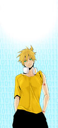  1boy bad_id bad_pixiv_id binary blonde_hair casual green_eyes gucha_(netsu) headphones kagamine_len male_focus solo vocaloid 