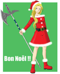  blonde_hair blue_eyes christmas female french_text glycine_bleumer halberd hat k-ma long_hair lowres polearm sakura_taisen sakura_taisen_iii santa_costume santa_hat solo translated weapon 