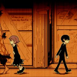  1boy 1other 2girls bad_source barefoot black_hair crona_(soul_eater) death_the_kid imawano_lem medusa_gorgon multiple_girls pink_hair shoes soul_eater 