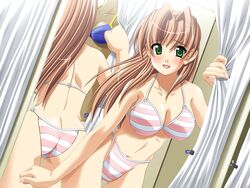  ass bikini blush brown_hair butt_crack clockup curtain_grab curtains dutch_angle female fitting_room game_cg green_eyes imageboard_desourced long_hair mirror non-web_source presence reflection sasakawa_ai solo striped_bikini striped_clothes swimsuit takapiko trying_on_clothes 