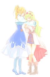  2girls bad_id bad_pixiv_id blonde_hair blue_dress boots closed_eyes dress fenimore_xelhes hug knee_boots long_hair miniskirt multiple_girls ponytail shirley_fennes skirt tales_of_(series) tales_of_legendia tears twintails yamato_pochi 