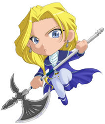  blonde_hair blue_eyes chibi commentary_request earrings female glycine_bleumer halberd jewelry k-ma lowres polearm sakura_taisen sakura_taisen_iii solo weapon 