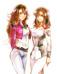  2girls breasts brown_eyes brown_hair commentary_request crossover denim gundam gundam_00 gundam_seed in-franchise_crossover jeans large_breasts long_hair mameezu military military_uniform multiple_girls murrue_ramius pants sumeragi_lee_noriega uniform 