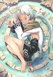  bad_id bad_pixiv_id barefoot copyright_request feathers feet female inaba_taiju ponytail silver_hair sleeping solo water 