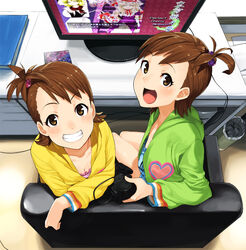  2girls :d brown_eyes brown_hair casual controller crossover downblouse flipped_hair futami_ami futami_mami game_console game_controller grin hair_bobbles hair_ornament haruno_shuu idolmaster idolmaster_(classic) kirisame_marisa looking_at_viewer looking_back multiple_girls open_mouth perfect_cherry_blossom playing_games playstation_2 short_hair siblings side_ponytail sisters sitting smile sony touhou touhou_user_interface video_game yakumo_yukari 