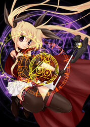  bardiche_(device_form)_(nanoha) bardiche_(nanoha) blonde_hair commentary_request fate_testarossa fate_testarossa_(original_form) female hair_ribbon highres long_hair lyrical_nanoha mahou_shoujo_lyrical_nanoha partial_commentary red_eyes ribbon sidekey skirt solo thighhighs twintails very_long_hair zettai_ryouiki 