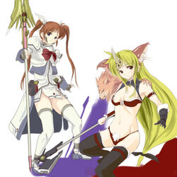  2girls animal_ears arf bad_id bad_pixiv_id bardiche_(assault_form)_(nanoha) bardiche_(nanoha) blonde_hair cosplay fate_testarossa fenrir_knight gloves horns junsama long_hair low-tied_long_hair lyrical_nanoha mahou_shoujo_lyrical_nanoha multiple_girls polearm raising_heart raising_heart_(exelion_mode) riesz riesz_(cosplay) seiken_densetsu seiken_densetsu_3 single_horn spear staff takamachi_nanoha thighhighs twintails very_long_hair weapon wolf wolf_ears 