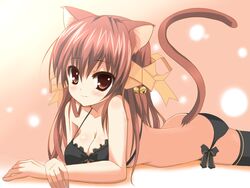  animal_ears bell black_thighhighs bra breasts brown_eyes brown_hair cat_ears cat_tail cleavage commentary_request female hair_ribbon kuronekogata lingerie lying medium_breasts on_stomach original panties ribbon side-tie_panties solo tail thighhighs underwear underwear_only 