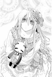  dress female flower greyscale hair_flower hair_ornament highres koukaku_no_regios long_hair miyuu monochrome nina_antalk solo stuffed_animal stuffed_toy 