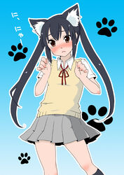  animal_ears black_hair blush brown_eyes cat_ears commentary_request female highres himeko_(chp) k-on! kneehighs long_hair nakano_azusa neck_ribbon photoshop_(medium) red_ribbon ribbon sakuragaoka_high_school_uniform school_uniform skirt socks solo twintails 