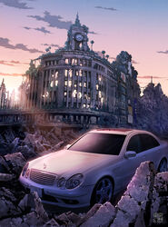  building car chuuou_(tokyo) clock cloud commentary_request ginza_(tokyo) ginza_wako highres light_rays mercedes-benz motor_vehicle no_humans original outdoors overgrown photoshop_(medium) rubble ruins scenery sky sunbeam sunlight tokyo_(city) tokyogenso vehicle_focus 