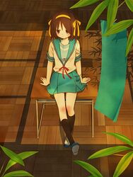  bad_id bad_pixiv_id bamboo black_pants blue_sailor_collar blue_skirt brown_hair desk female kita_high_school_uniform moffunnyo pants red_ribbon ribbon sailor_collar school_uniform serafuku shoes short_sleeves skirt solo summer_uniform suzumiya_haruhi suzumiya_haruhi_no_yuuutsu tanabata tanzaku uwabaki 