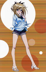  absurdres asu_no_yoichi blonde_hair blue_eyes blue_shorts blush casual cellphone feet female hair_ribbon high_heels highres ikaruga_ayame legs morishima_noriko phone photoshop_(medium) ribbon sandals shoes short_shorts shorts solo 