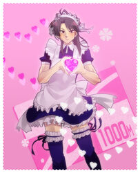  1boy apron bad_id bad_pixiv_id brown_eyes brown_hair crossdressing dress heart heart_hands ichijou_seiya kaiji komio_(do@ho) long_hair maid maid_headdress male_focus male_maid moe_moe_kyun! parody pink_background pink_theme solo thighhighs zettai_ryouiki 