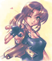  beretta_92 black_lagoon commentary_request female gloves gun handgun holster ikeda_tsukasa one_eye_closed revy_(black_lagoon) solo tattoo weapon 