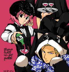  2boys alcohol artist_request blonde_hair bottle bow bowtie drink expressionless female formal glass head_out_of_frame helmet juju long_sleeves looking_at_viewer multiple_boys over_zenith pink_hair short_hair standing suit traditional_bowtie tray vest vitis wine 