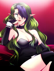  bare_shoulders blue_eyes breasts bridal_gauntlets choker cleavage commentary_request crossed_legs female green_hair hair_over_one_eye head_rest large_breasts lips lipstick long_hair makeup misery_(outer_zone) multicolored_hair outer_zone photoshop_(medium) pointy_ears purple_hair sitting solo thighhighs wrist_cuffs yodobashi_yuo 