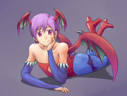  animal_print ass bare_shoulders bat_print bat_wings bridal_gauntlets commentary_request demon_girl elbow_gloves female flat_chest full_body gloves head_rest head_wings kurio leotard lilith_aensland lying on_stomach pantyhose print_pantyhose purple_hair red_eyes red_leotard short_hair smile solo vampire_(game) wings 