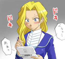  blonde_hair blue_eyes blush female glycine_bleumer handheld_game_console k-ma long_hair lowres nintendo_ds sakura_taisen sakura_taisen_iii solo sweatdrop 