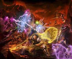  3boys 5girls angry antenna_hair armor bald battle bikini_armor black_hair bow_(weapon) bracelet brown_hair chester_ocampo dress empty_eyes everyone exalted facial_hair fantasy fire glowing goatee jewelry lava long_hair magic monster multiple_boys multiple_girls open_mouth red_eyes short_dress skull squatting standing sword thighhighs war weapon white_hair witch 