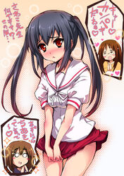  3girls =_= black_hair commentary_request cosplay hirasawa_yui k-on! kashi long_hair look-alike minami-ke minami_kana minami_kana_(cosplay) multiple_girls nakano_azusa o_o red_eyes translated twintails yamanaka_sawako 