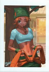  abs artist_request bandaid bandaid_on_face beanie brazil breasts cleavage clothes_around_waist dark-skinned_female dark_skin female green_eyes hat large_breasts midriff mouth_hold one_eye_closed orange_hair photoshop_(medium) pupa_salgueiro rage_of_the_dragons scan snk solo source_request sweat sweater sweater_around_waist tree wrench wristband 