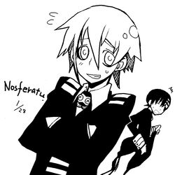  1boy 1other ^^^ androgynous bad_source cosplay costume_switch crona_(soul_eater) death_the_kid greyscale imawano_lem monochrome ragnarok_(demon_sword) smile soul_eater 