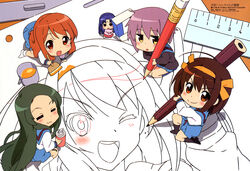  5girls :3 =_= absurdres achakura airbrush asahina_mikuru asakura_ryouko blue_eyes blue_hair blue_sailor_collar blue_skirt brown_eyes brown_hair chibi closed_eyes colored_pencil drawing eraser from_above headband highres kita_high_school_uniform long_hair megami_magazine mini_person minigirl multiple_girls nagato_yuki nishiya_futoshi official_art paint pencil purple_hair ruler sailor_collar school_uniform serafuku skirt socks suzumiya_haruhi suzumiya_haruhi-chan_no_yuuutsu suzumiya_haruhi_no_yuuutsu tsuruya very_long_hair winter_uniform wooden_pencil 