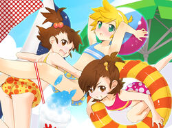  1boy 2girls bad_id bad_pixiv_id ball beachball bikini blonde_hair brown_eyes brown_hair crossdressing crossover food futami_ami futami_mami green_eyes hair_bobbles hair_ornament idolmaster idolmaster_(classic) innertube kagamine_len kirimomimomi multiple_girls otoko_no_ko photoshop_(medium) polka_dot polka_dot_bikini polka_dot_swimsuit shaved_ice shimoda_asami siblings side_ponytail sisters striped swim_ring swimsuit twins vocaloid voice_actor_connection 