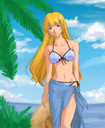  bikini blonde_hair blue_eyes blue_sarong day earrings female hat jewelry k-ma lowres ocean outdoors palm_tree ratchet_altair sakura_taisen sakura_taisen_v sarong side-tie_bikini_bottom smile solo straw_hat swimsuit tree 