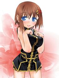  blue_eyes breast_suppress breasts brown_hair commentary_request female hair_ornament kakashichi large_breasts lyrical_nanoha mahou_shoujo_lyrical_nanoha_strikers no_jacket short_hair solo x_hair_ornament yagami_hayate 