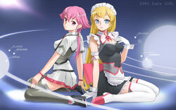  2girls blonde_hair commentary_request legs maid multiple_girls photoshop_(medium) pink_hair school_uniform shishidou_akiha shishidou_imoko sora_wo_kakeru_shoujo surre_academy_school_uniform thighhighs yukiyoshi zettai_ryouiki 