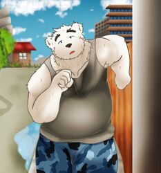  2018 alfredblaze anthro bear black_nose bottomwear clothing detailed_background fur hi_res humanoid_hands male mammal nova_(alfredblaze) outside overweight overweight_anthro overweight_male pants polar_bear shirt solo tank_top topwear ursine white_body white_fur 