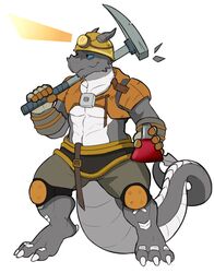  anthro armor black_clothing blue_eyes clothed clothing curved_horn engineer_(disambiguation) engineer_(factorio) factorio flask gloves grey_body grey_clothing grey_scales handwear hard_hat headgear headlamp helmet hi_res holding_object holding_tool horn kardukk knee_pads kobold lamp looking_away male midriff orange_clothing pickaxe reptile scales scalie see-saw simple_background solo tools white_background white_body white_scales wube_software yellow_clothing 