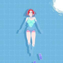  afloat akairiot aqua_tank_top breasts female full_body highres large_breasts medium_hair midriff original outline partially_submerged pink_shorts red_hair shadow shorts smile solo wet white_outline 