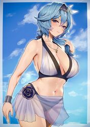  alternate_costume arm_at_side bare_shoulders bikini bikini_skirt black_bikini black_hairband blue_hair blue_sky border bracer breasts cleavage closed_mouth cowboy_shot crossed_bangs eula_(genshin_impact) female genshin_impact hair_between_eyes hairband hand_up highres holding holding_own_hair jewelry large_breasts looking_at_viewer mismatched_bikini navel necklace see-through see-through_skirt short_hair sideboob sidelocks skirt sky solo stomach sukoyaka93 swimsuit thighs v-shaped_eyebrows wet white_bikini white_border 