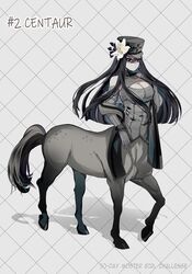  awee azalea_(flower) black_eyes black_hair breasts centaur cleavage eyeshadow female flower gloves grey_eyeshadow grey_gloves grey_hat grey_jacket grey_shirt hair_between_eyes hair_flower hair_ornament hat hat_flower highres horse_tail jacket large_breasts long_hair looking_at_viewer makeup monster_girl off_shoulder original shadow shirt sleeveless sleeveless_shirt solo tail taur very_long_hair white_flower 