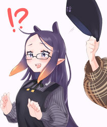  !? 2girls absurdres animal_ears black-framed_eyewear black_dress black_headwear black_ribbon blue_eyes blush dress embarrassed flat_cap forehead glasses gradient_hair grey_shirt hat highres hololive hololive_english kiwwwwwi long_hair long_sleeves mole mole_under_eye motion_lines multicolored_hair multiple_girls neck_ribbon ninomae_ina&#039;nis ninomae_ina&#039;nis_(casual) oerba_yun_fang open_mouth orange_hair out_of_frame parted_bangs pinafore_dress pinstripe_pattern pinstripe_shirt pointy_ears puffy_long_sleeves puffy_sleeves purple_hair ribbon shirt sidelocks simple_background sleeveless sleeveless_dress solo_focus striped tentacle_hair unworn_hat unworn_headwear very_long_hair virtual_youtuber watson_amelia watson_amelia_(street_casual) white_background 