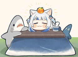  :3 =_= animal_ears blue_hair blunt_bangs blush_stickers cat_ears chibi closed_eyes commentary cup female fins fish_tail food food_on_head fruit fruit_on_head gawr_gura gawr_gura_(1st_costume) grey_hair hair_ornament highres hololive hololive_english kotatsu mandarin_orange multicolored_hair object_on_head romaji_commentary same_anko shark_tail smile solo steam streaked_hair stuffed_animal stuffed_shark stuffed_toy table tail two-tone_hair two_side_up virtual_youtuber 