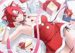  :q animal_ear_fluff animal_ears bare_shoulders bechu breasts cake card cat_ears cat_girl cleavage closed_mouth cowboy_shot cranberry dress dutch_angle envelope female fingerless_gloves fishnet_pantyhose fishnets food from_above gift gloves heart legs_together looking_at_viewer medium_breasts nail_polish original pantyhose plate playing_card red_eyes red_gloves red_hair red_nails santa_dress short_dress short_hair sidelocks skirt_hold sleeveless sleeveless_dress solo thick_thighs thighs tongue tongue_out 