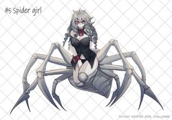  arachne arthropod_girl awee between_legs black_panties black_shirt blush bow breasts cleavage cleavage_cutout clothing_cutout colored_skin drill_hair female glasses grey_hair grey_skin hand_between_legs highres long_hair looking_at_viewer monster_girl original panties red_bow red_eyes round_eyewear shirt solo spider_girl taur underwear very_long_hair wrist_cuffs 